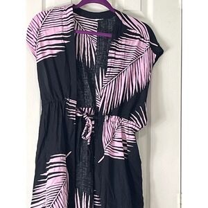 Pink Palm Leaf Print Beach Cover Up Duster Black Short Sleeve Tie Waist